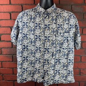 JF J. Ferrar Men's Large Button Down‎ Linen Blend Shirt – Geometric Print